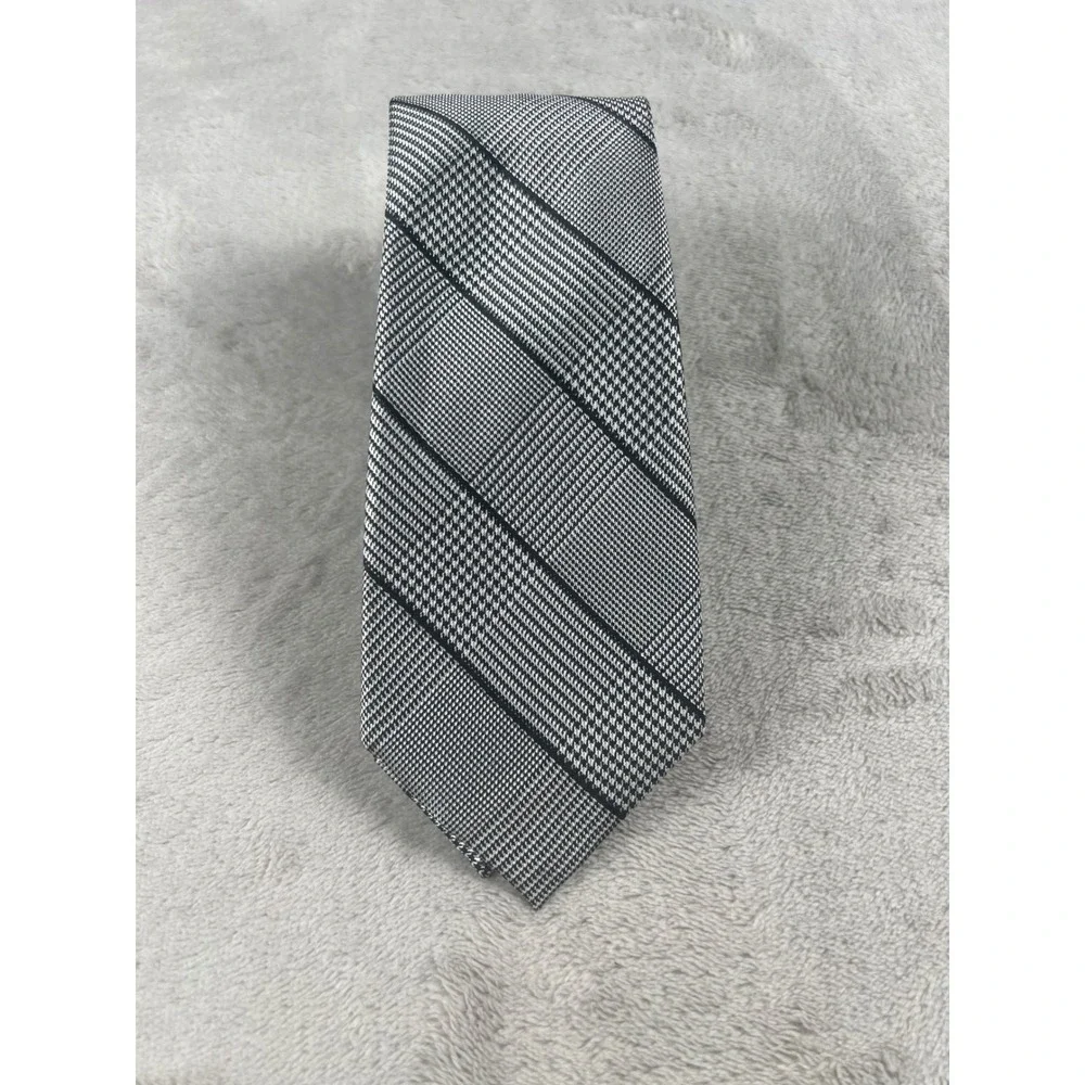 Lauren Ralph Lauren Mens Black White Glen Plaid Check Woven Silk Blend Tie
